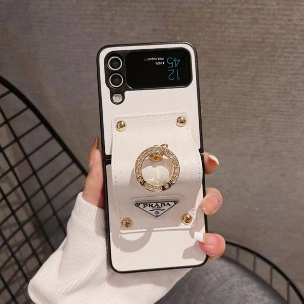 Prada ギャラクシーZ Flip4 5ケースブランド 着脱安い プラダ galaxy z flip3スマホカバー キズ防止 シンプル galaxy z flip4ケース 高級感 Samsung z flipケース リング付き 携帯便利 オシャレ