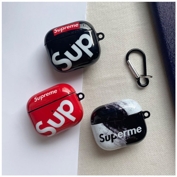 Supreme シュプリーム エアーポッズ 第四世代ケース 便利 カラビナ付き 第3世代 airpods 4/pro2 ケース ハイブランド 落下防止ブランド Airpods Pro2/3 4メンズ レディースairpods pro2/4 3ケース ストラップ付き