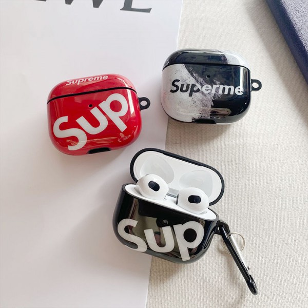 Supreme シュプリーム エアーポッズ 第四世代ケース 便利 カラビナ付き 第3世代 airpods 4/pro2 ケース ハイブランド 落下防止ブランド Airpods Pro2/3 4メンズ レディースairpods pro2/4 3ケース ストラップ付き